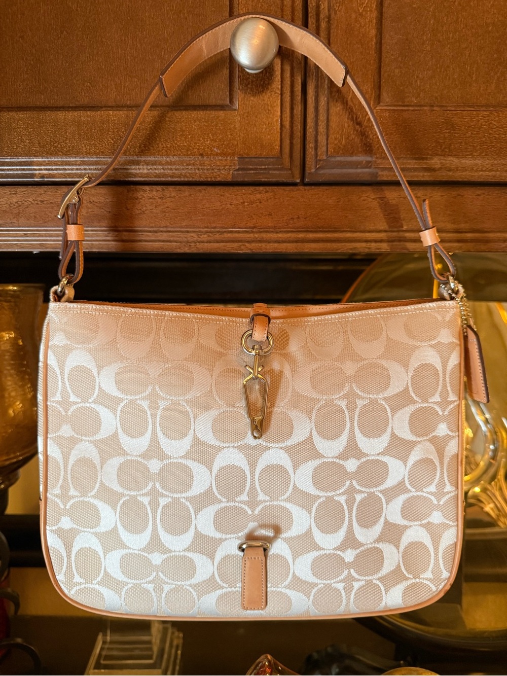 Coach Signature Ivory and Beige Jacquard Canvas Shoulder Bag NEW